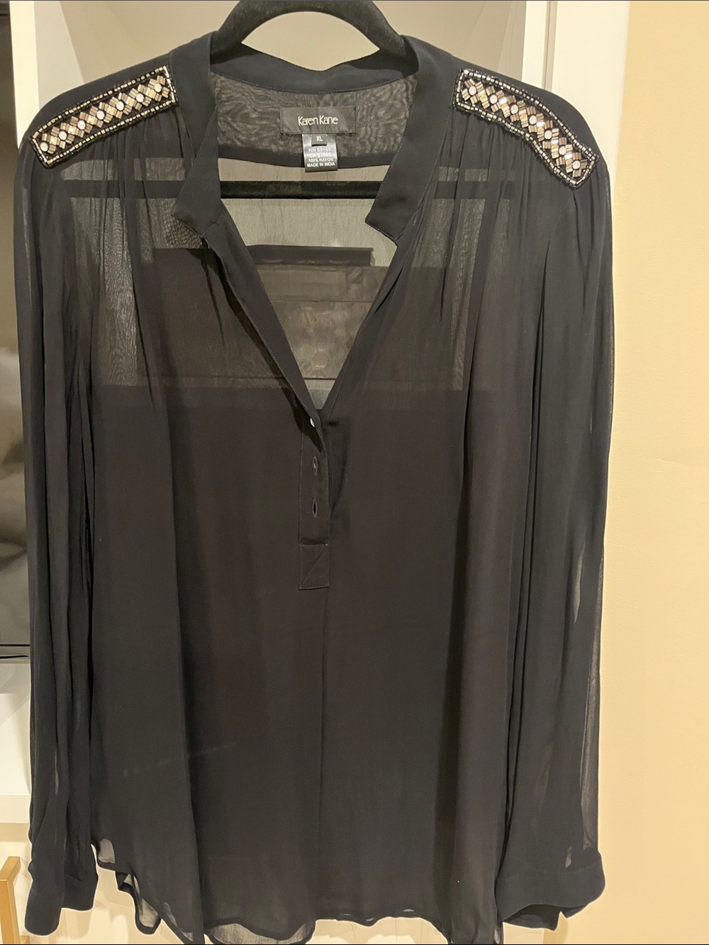 Karen Kane Black Sheer Blouse with Beaded Shoulder Accents
